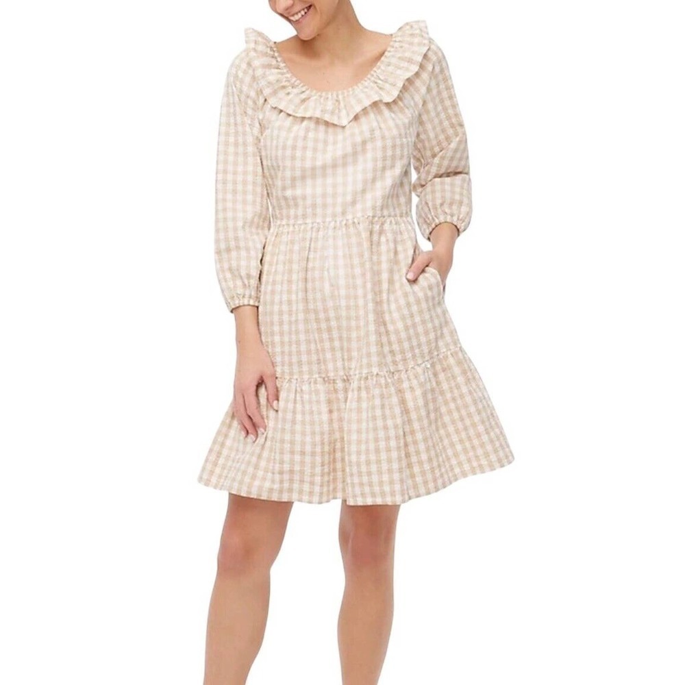 J. Crew Tiered Mini Dress Size 14 Gingham Prairie Seersucker Ruffleneck Beige‎